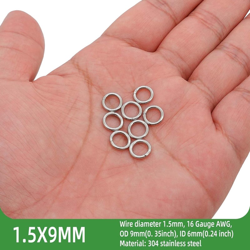 THREENEST 250PCS 9mm 1.5mm Thickness 14 Gauge Stainless Steel Jump Rings, Unwelded Metal Round Strong Thick Craft Ring for Necklace Bracelet Keychain Chainmail Jewelry Making - Image 2